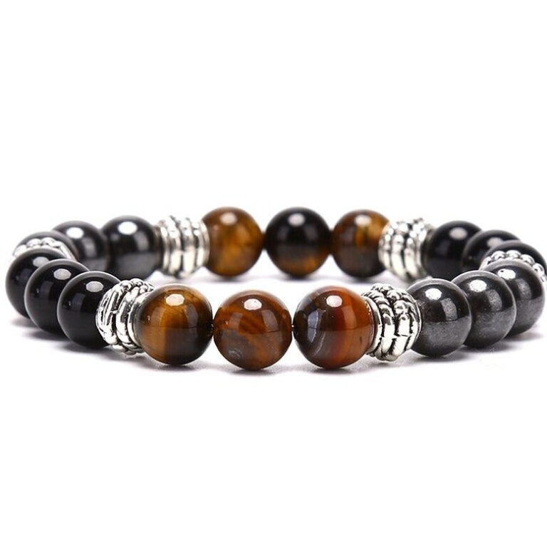 Bracelet Homme Femme Triple Protection Pierres Naturelles Oeil De Tigre Hematite Obsidienne 1