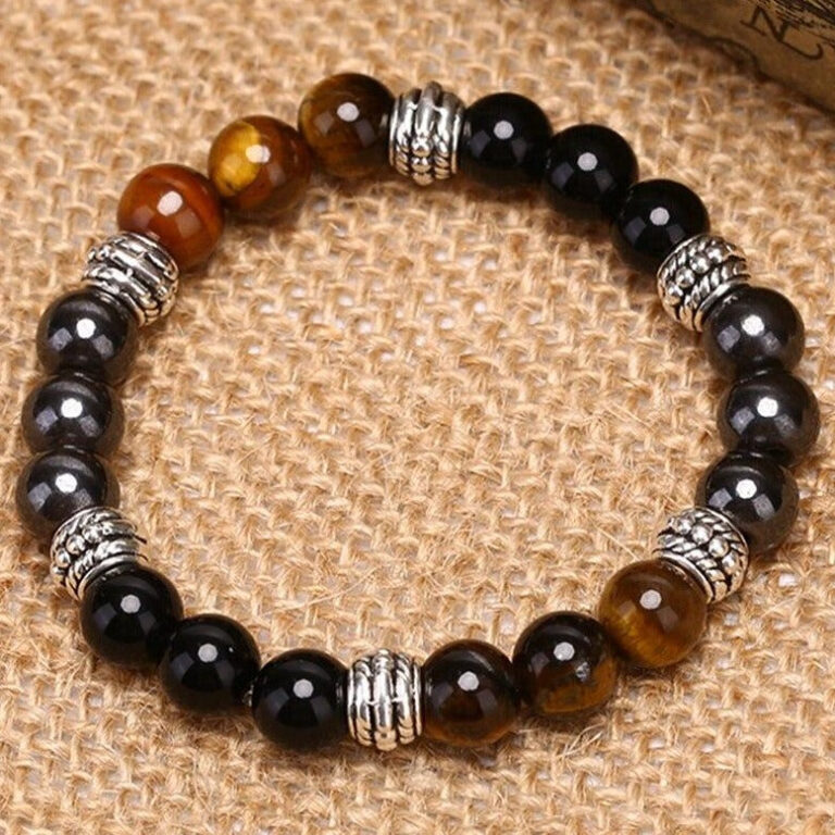 Bracelet Homme Femme Triple Protection Pierres Naturelles Oeil De Tigre Hematite Obsidienne 2